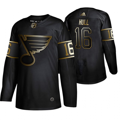 Adidas St. Louis Blues #16 Brett Hull Men's 2019 Black Golden Edition Retired Player Authentic Stitched Jersey Men's