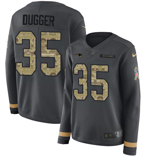 New England Patriots #35 Kyle Dugger Anthracite Salute to Service Women's Stitched Limited Therma Long Sleeve Jersey Womens