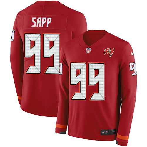 Tampa Bay Buccaneers #99 Warren Sapp Red Team Color Men's Stitched Limited Therma Long Sleeve Jersey Men's