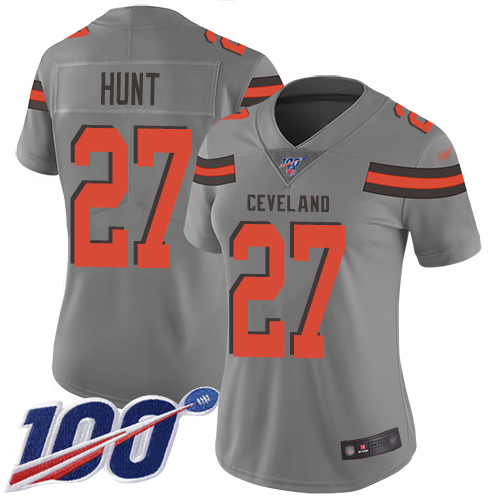 Cleveland Browns #27 Kareem Hunt Gray Women's Stitched Limited Inverted Legend 100th Season Jersey Womens