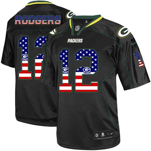 Packers #12 Aaron Rodgers Black Men's Stitched Elite USA Flag Fashion Jersey
