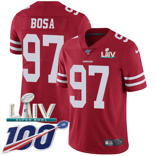 49ers #97 Nick Bosa Red Super Bowl LIV 2020 Team Color Youth Stitched 100th Season Vapor Limited Jersey