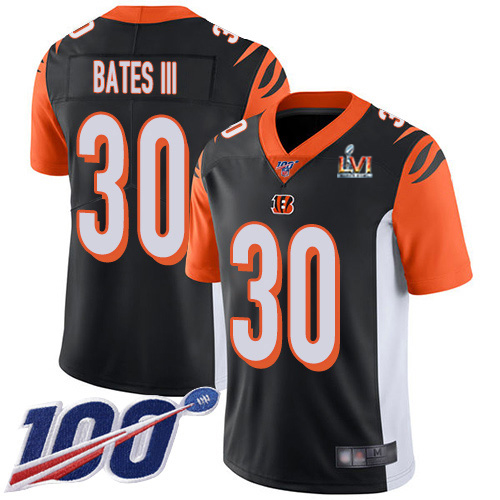 Bengals #30 Jessie Bates Black Team Color Super Bowl LVI Patch Youth Stitched 100th Season Vapor Limited Jersey