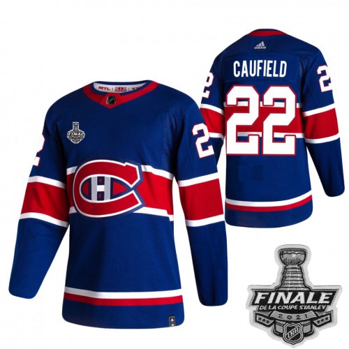 Adidas Montreal Canadiens #22 Cole Caufield Blue Road Authentic 2021 Stanley Cup Final Patch Jersey Men's