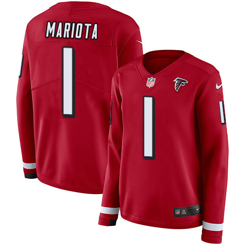 Falcons #1 Marcus Mariota Red Team Color Women's Stitched Limited Therma Long Sleeve Jersey