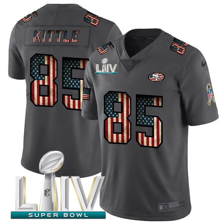 San Francisco 49ers #85 George Kittle Black Super Bowl LIV 2020 2018 Salute To Service Retro USA Flag Limited Jersey