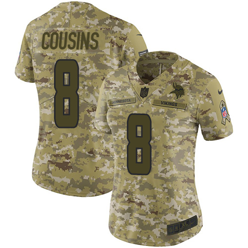 Vikings #8 Kirk Cousins Camo Women's Stitched Limited 2018 Salute To Service Jersey