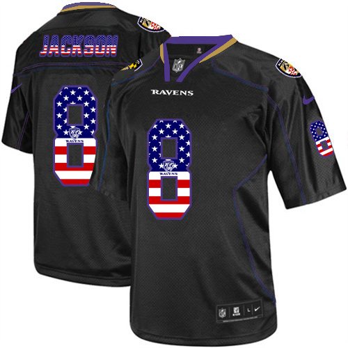 Ravens #8 Lamar Jackson Black Men's Stitched Elite USA Flag Fashion Jersey