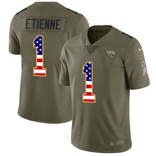 Jaguars #1 Travis Etienne Olive/USA Flag Youth Stitched Limited 2017 Salute To Service Jersey