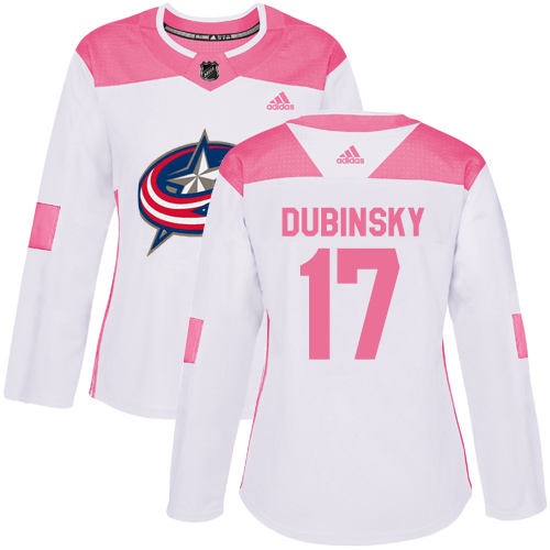 Adidas Columbus Blue Jackets #17 Brandon Dubinsky White/Pink Authentic Fashion Women's Stitched Jersey Womens
