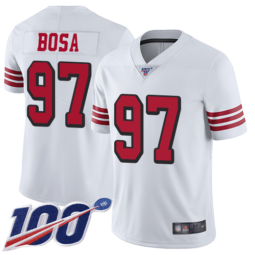 49ers #97 Nick Bosa White Rush Youth Stitched Limited 100th Season Jersey