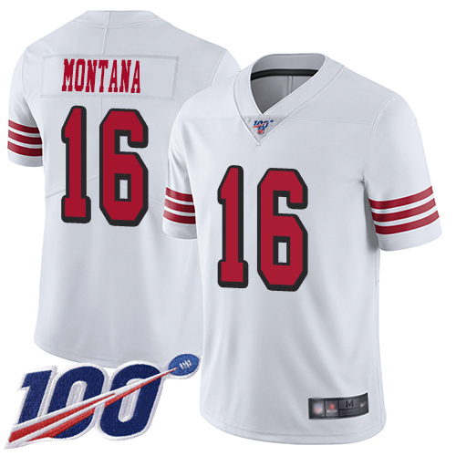 49ers #16 Joe Montana White Rush Men's Stitched Limited 100th Season Jersey