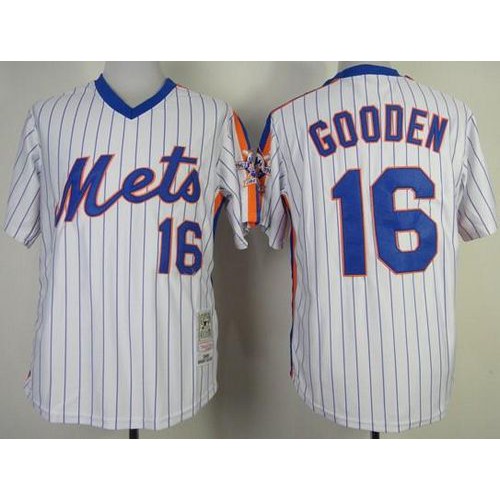 Mitchell and Ness New York Mets #16 Dwight Gooden Stitched White Blue Strip Throwback Jersey Men's