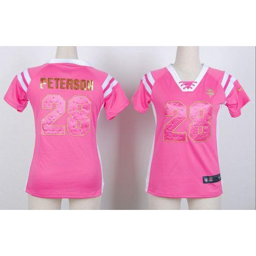 Minnesota Vikings #28 Adrian Peterson Pink Women's Stitched Elite Draft Him Shimmer Jersey Womens
