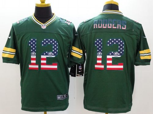 Packers #12 Aaron Rodgers Green Team Color Men's Stitched Elite USA Flag Fashion Jersey