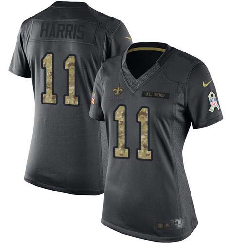 New Orleans Saints #11 Deonte Harris Black Women's Stitched Limited 2016 Salute to Service Jersey Womens