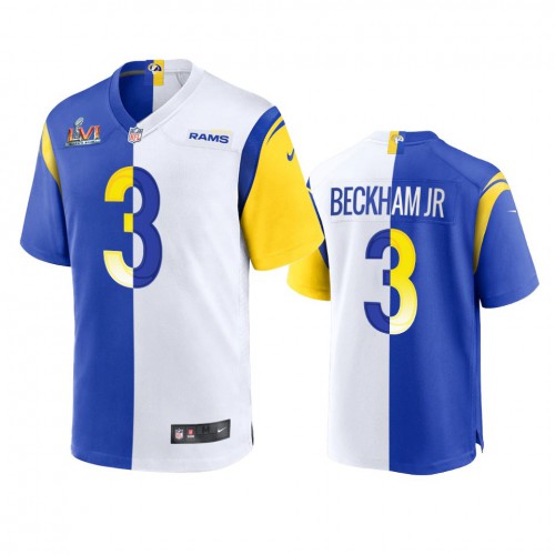 Los Angeles Los Angeles Rams #3 Odell Beckham Jr. Men's Super Bowl LVI Patch Royal White Split Game Limited Jersey Men's