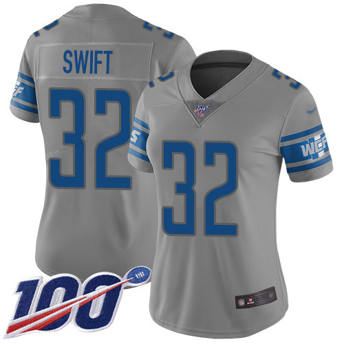 Detroit Lions #32 D'Andre Swift Gray Women's Stitched Limited Inverted Legend 100th Season Jersey Womens
