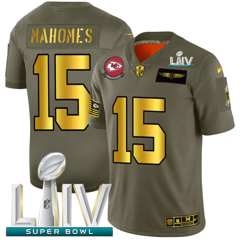 Kansas City Chiefs #15 Patrick Mahomes Men's Olive Gold Super Bowl LIV 2020 2019 Salute To Service Limited Jersey