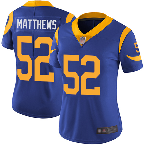 Los Angeles Rams #52 Clay Matthews Royal Blue Alternate Women's Stitched Vapor Untouchable Limited Jersey Womens