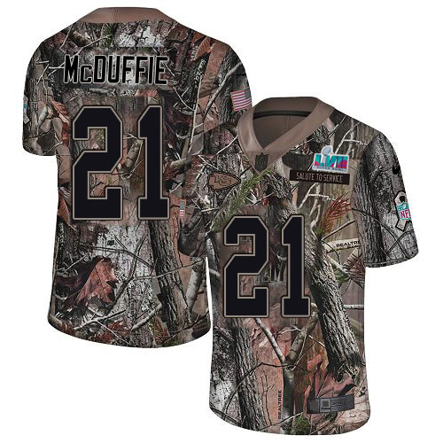 Chiefs #21 Trent McDuffie Camo Super Bowl LVII Patch Youth Stitched Limited Rush Realtree Jersey