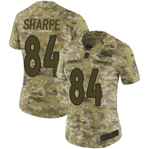 Denver Broncos #84 Shannon Sharpe Camo Women's Stitched Limited 2018 Salute to Service Jersey Womens
