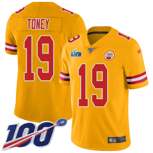 Chiefs #19 Kadarius Toney Gold Super Bowl LVII Patch Men's Stitched Limited Inverted Legend 100th Season Jersey