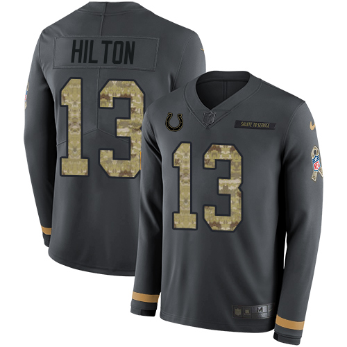 Colts #13 T.Y. Hilton Anthracite Salute To Service Men's Stitched Limited Therma Long Sleeve Jersey