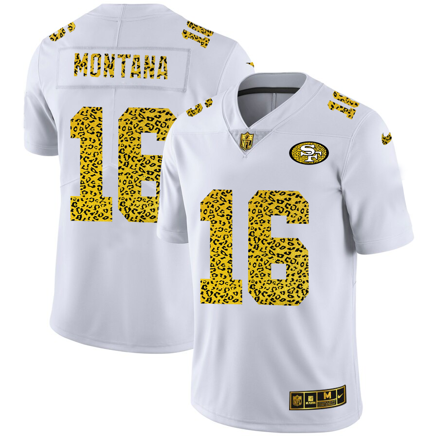 San Francisco 49ers #16 Joe Montana Men's Flocked Leopard Print Vapor Limited Jersey White