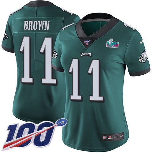 Eagles #11 A.J. Brown Green Team Color Super Bowl LVII Patch Women's Stitched 100th Season Vapor Untouchable Limited Jersey