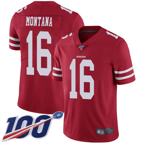 49ers #16 Joe Montana Red Team Color Men's Stitched 100th Season Vapor Limited Jersey