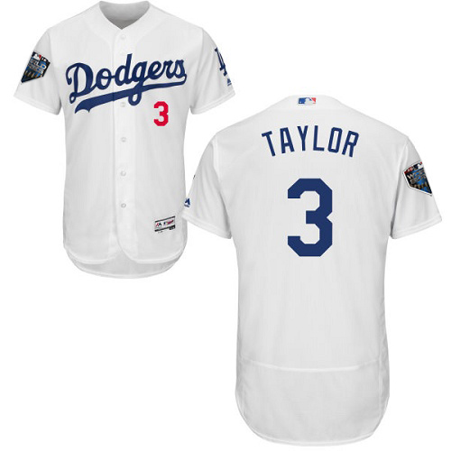 Los Angeles Dodgers #3 Chris Taylor White Flexbase Authentic Collection 2018 World Series Stitched Jersey Men's