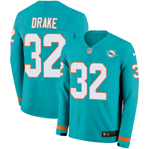 Miami Dolphins #32 Kenyan Drake Aqua Green Team Color Men's Stitched Limited Therma Long Sleeve Jersey Men's