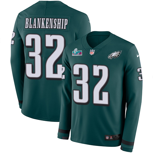 Eagles #32 Reed Blankenship Green Team Color Super Bowl LVII Patch Men's Stitched Limited Therma Long Sleeve Jersey