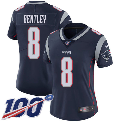 Patriots #8 Ja'Whaun Bentley Navy Blue Team Color Women's Stitched 100th Season Vapor Limited Jersey