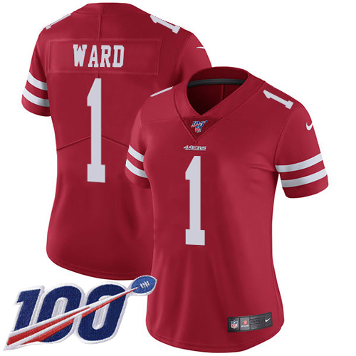 49ers #1 Jimmie Ward Red Team Color Women's Stitched 100th Season Vapor Limited Jersey