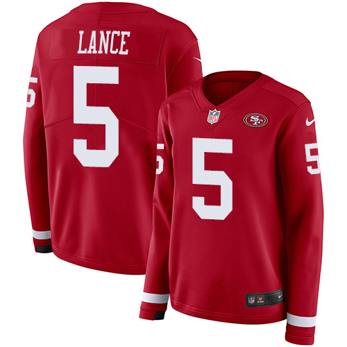 49ers #5 Trey Lance Red Team Color Women's Stitched Limited Therma Long Sleeve Jersey