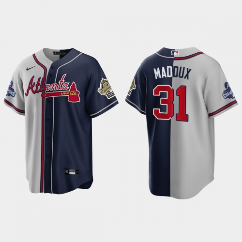 Atlanta Atlanta Braves #31 Greg Maddux Men's 2021 World Series Champions 1995 Throwback Split Gray Navy Stitched Jersey Men's
