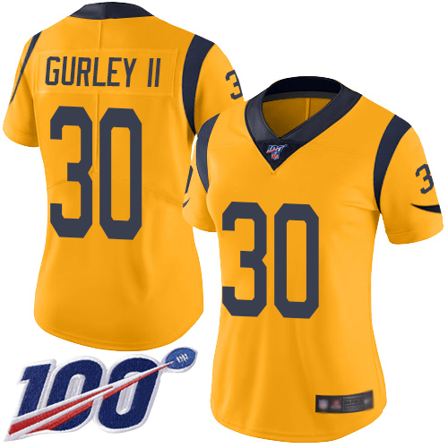 Los Angeles Rams #30 Todd Gurley II Gold Women's Stitched Limited Rush 100th Season Jersey Womens