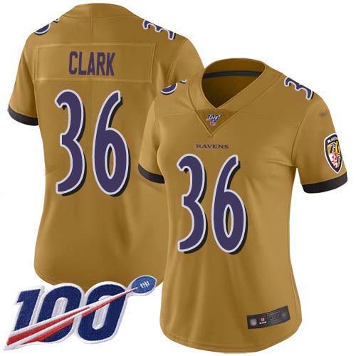 Baltimore Ravens #36 Chuck Clark Gold Women's Stitched Limited Inverted Legend 100th Season Jersey Womens