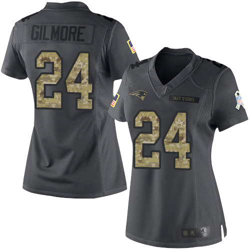 New England Patriots #24 Stephon Gilmore Black Women's Stitched Limited 2016 Salute to Service Jersey Womens