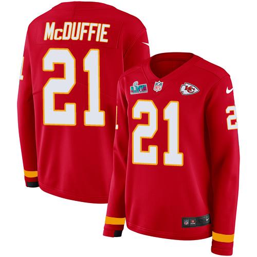 Chiefs #21 Trent McDuffie Red Team Color Super Bowl LVII Patch Women's Stitched Limited Therma Long Sleeve Jersey