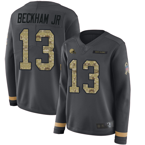 Cleveland Browns #13 Odell Beckham Jr Anthracite Salute to Service Women's Stitched Limited Therma Long Sleeve Jersey Womens