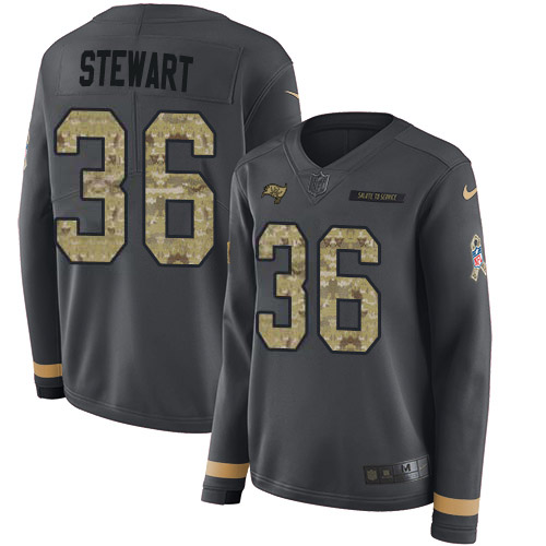 Tampa Bay Buccaneers #36 M.J. Stewart Anthracite Salute to Service Women's Stitched Limited Therma Long Sleeve Jersey Womens
