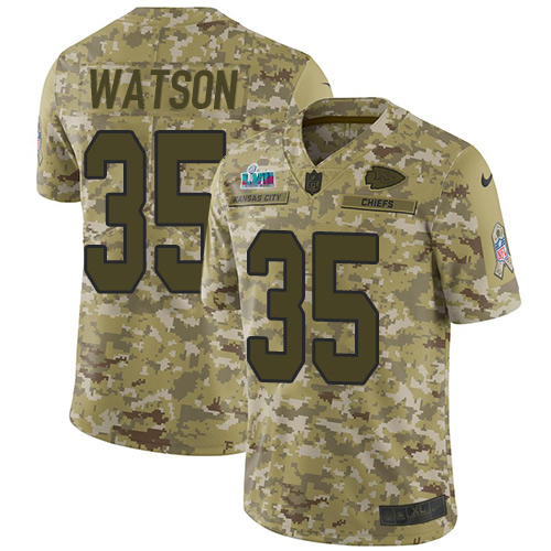 Chiefs #35 Jaylen Watson Camo Super Bowl LVII Patch Youth Stitched Limited 2018 Salute To Service Jersey