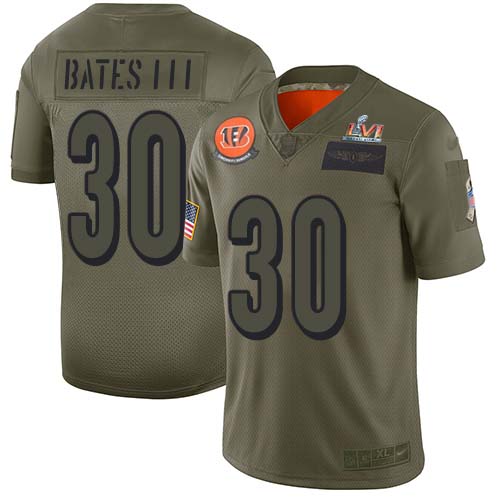 Bengals #30 Jessie Bates Camo Super Bowl LVI Patch Youth Stitched Limited 2019 Salute To Service Jersey