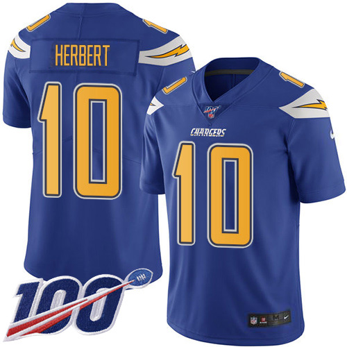 Chargers #10 Justin Herbert Electric Blue Men's Stitched Limited Rush 100th Season Jersey