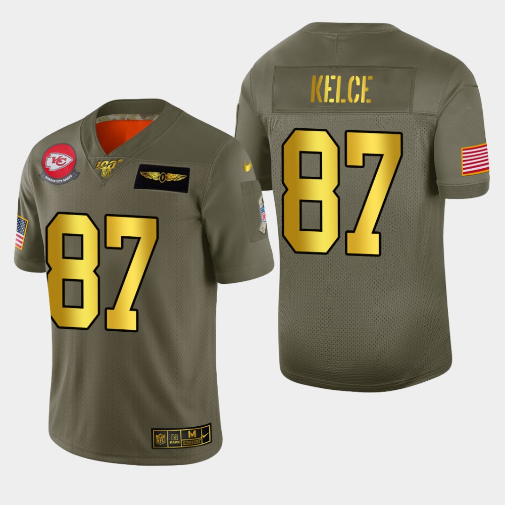 Kansas City Chiefs #87 Travis Kelce Men's Olive Gold 2019 Salute To Service Limited 100 Jersey