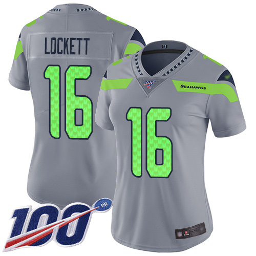 Seahawks #16 Tyler Lockett Silver Women's Stitched Limited Inverted Legend 100th Season Jersey