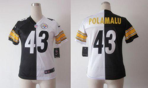 Steelers #43 Troy Polamalu Black/White Women's Stitched Elite Split Jersey